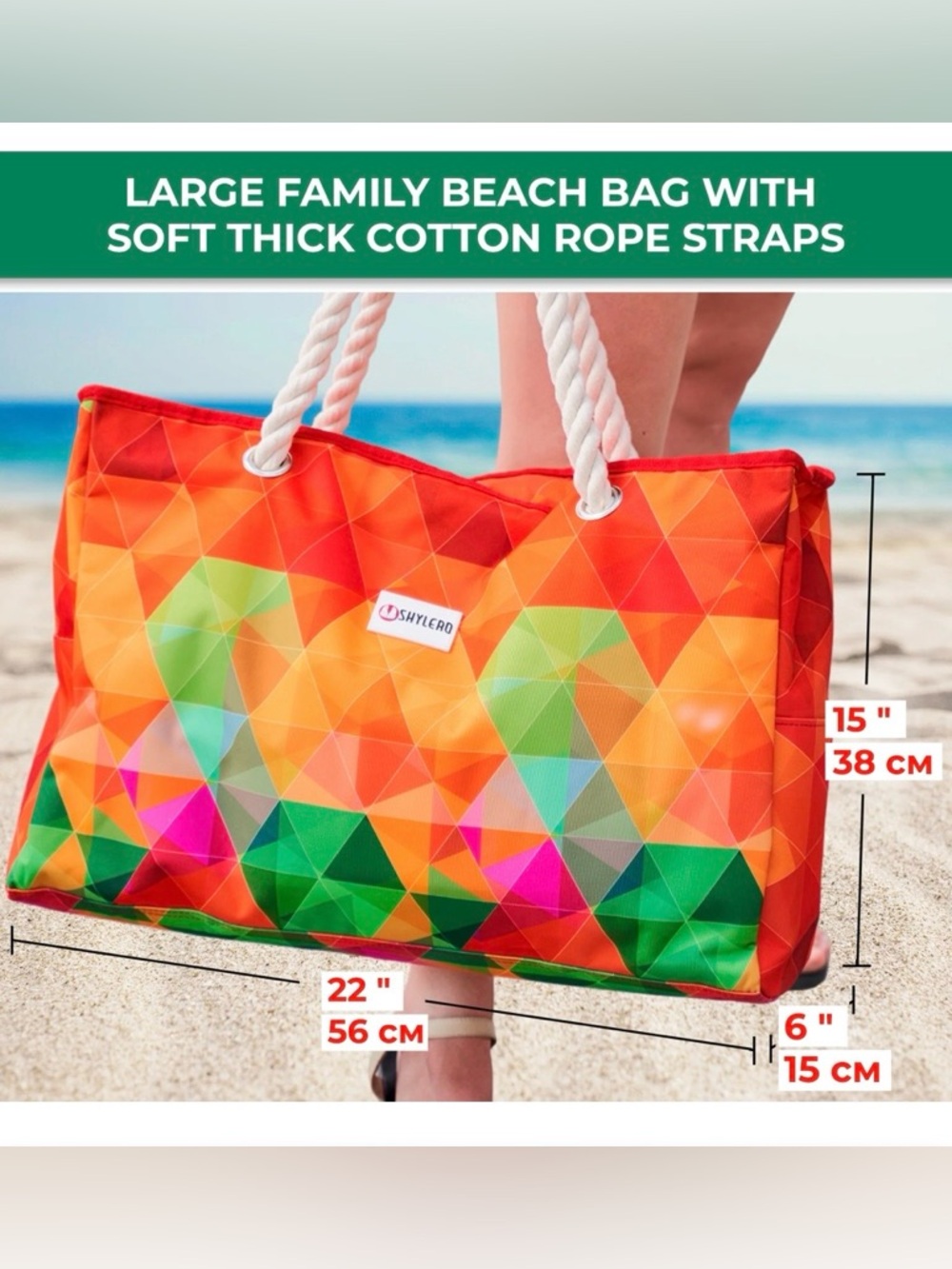 Large Colorful Geometric Rope-Handle Tote for Beach/Pool - Picture 2 of 16